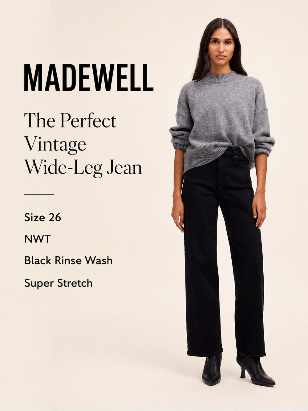 Madewell The Perfect Vintage Wide-Leg Jean Size 26 NWT Black Rinse Wash‎